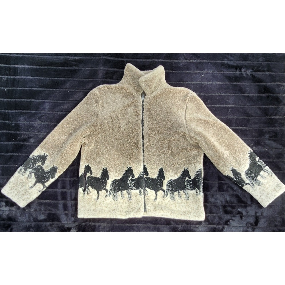 Vintage Horse Jacket Womens Medium Brown Black Western Zip Up Fleece USA